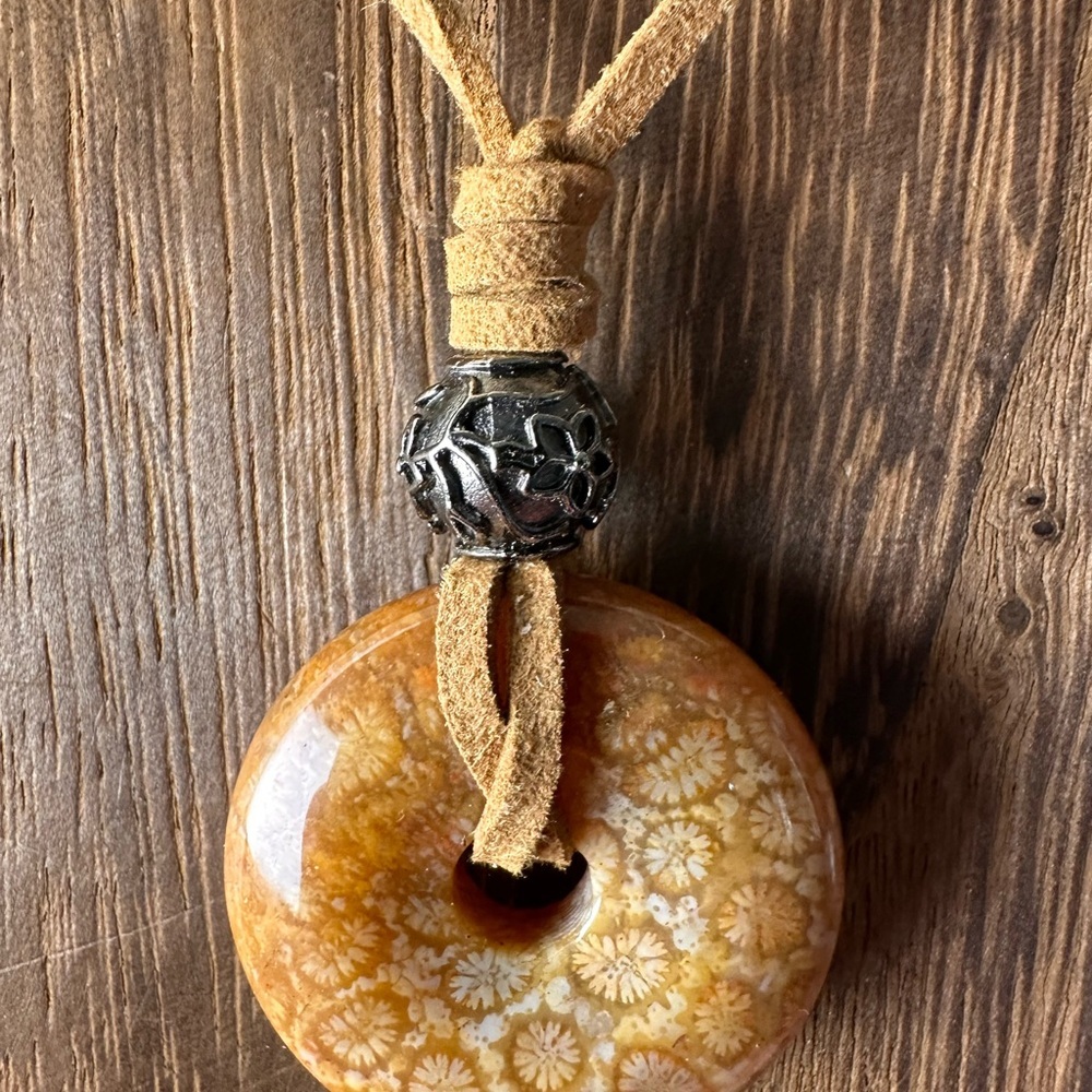 Yellow Golden Coral Fossil Donut Pendant Choker on Brown Faux Suede - Picture 5 of 11